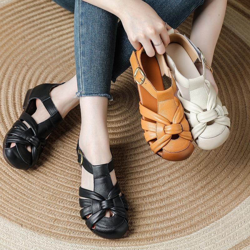 Genuine leather summer new beef tendon sole retro sandals women's wear comfortable soft sole low heel summer women's shoes
