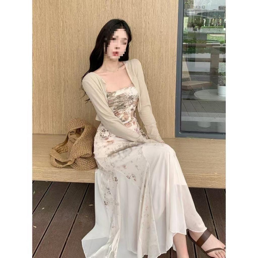 Summer Light Luxury Suspender Dress Women's Spring Waist and Thin Belly and Hip Long Dress Design Sense National Style Floral Skirt