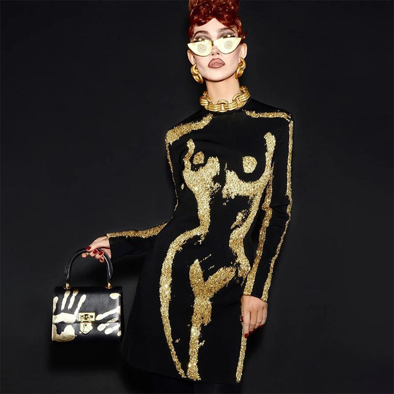 Women Sexy Long Sleeved Black Gold Mini Dress Women’s Solid Wrapping Skirt Party  Dress