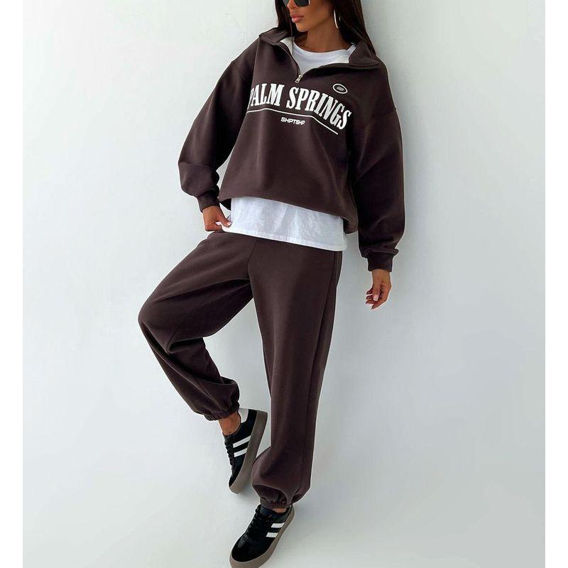 

European and American Leisure Letters Print Ancora Red Hoodie Trousers Set Sweatshirt and Pants Set Brown XL