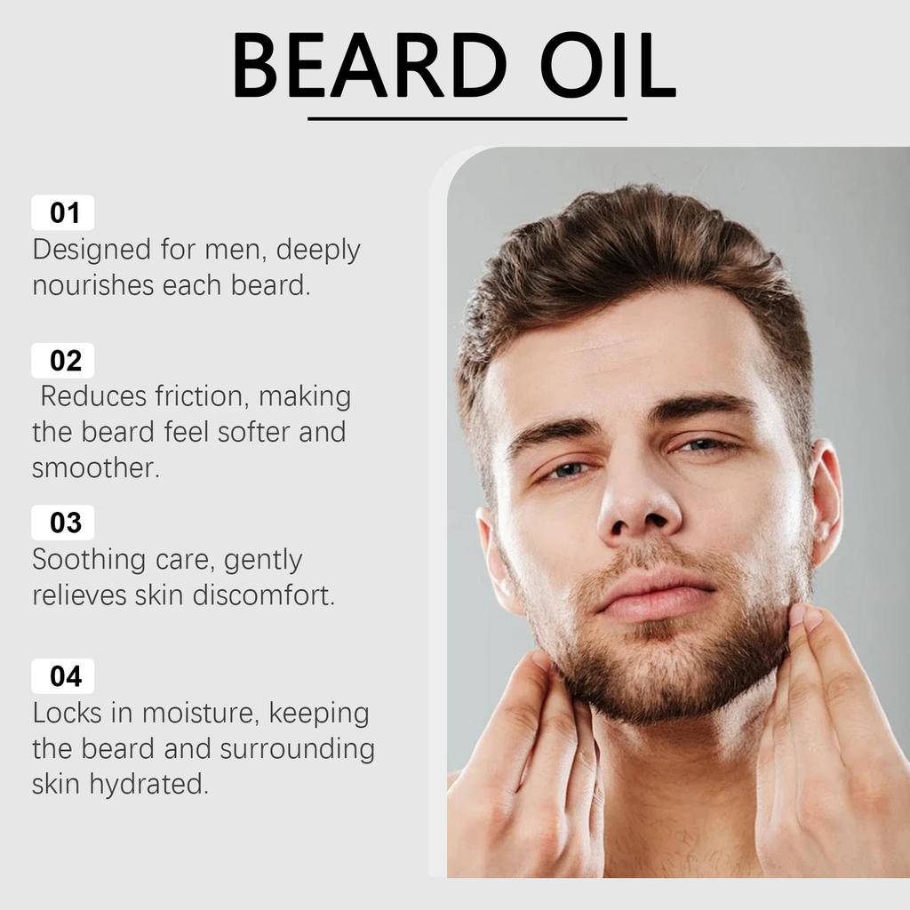 Men's Beard Oil Set – Deeply Nourishes, Smooths, Moisturizes, and Adds Shine To Beard Hair While Removing Odor, Showcasing Masculine Charm.