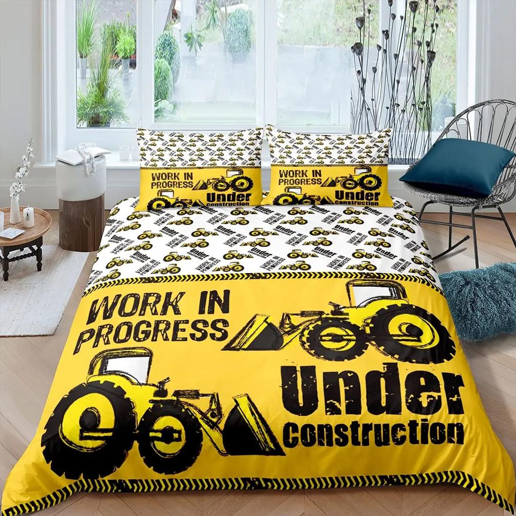 Conjunto de Roupa de Cama com Desenho de Escavadora e Trator de Construção 2/3 Peças King Amarelo Capa de Edredom Caminhão de Máquinas Capa de Colcha de Poliéster Carro para Crianças
