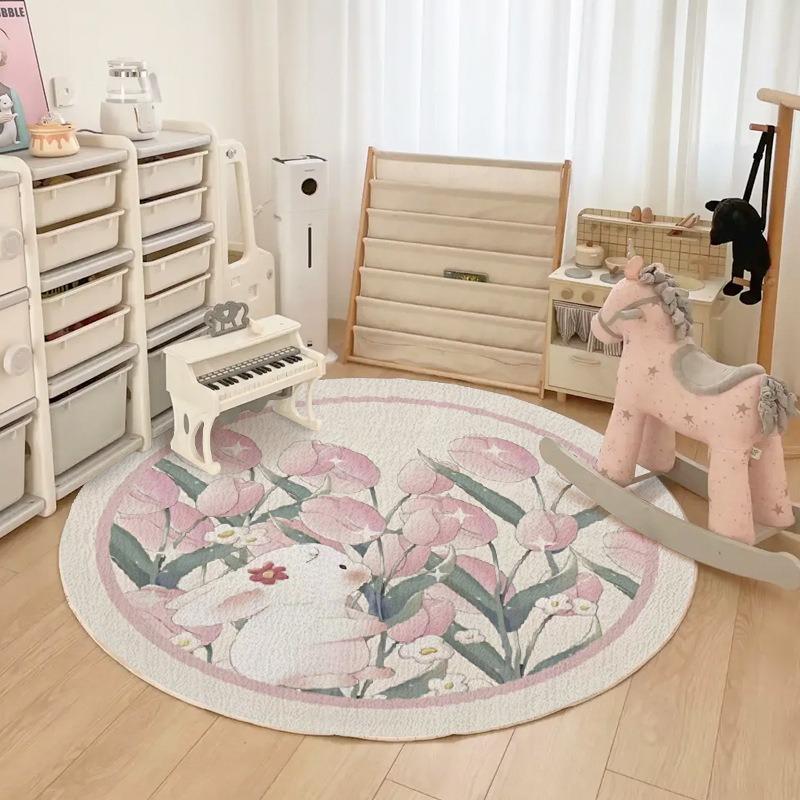 Cute Cartoon Animal Print Round Rug Super Soft Kids Play Mat for Living Room Bedroom Safe Non-Slip Circle Carpet Easy To Clean