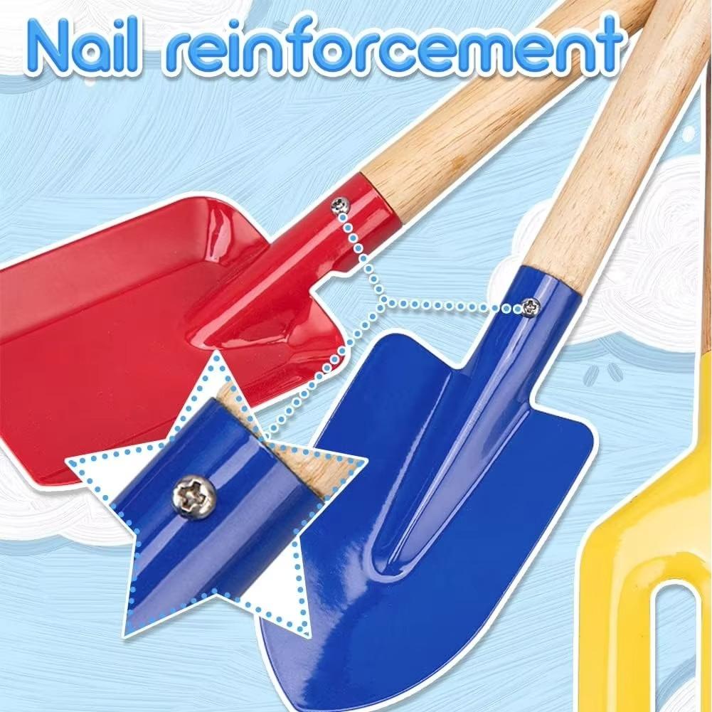 5-Piece Kids Beach Toy Set - Metal Tools with Wooden Handles (Shovel Rake Fork Spoon Trowel) Durable Sand Play & Gardening Kit