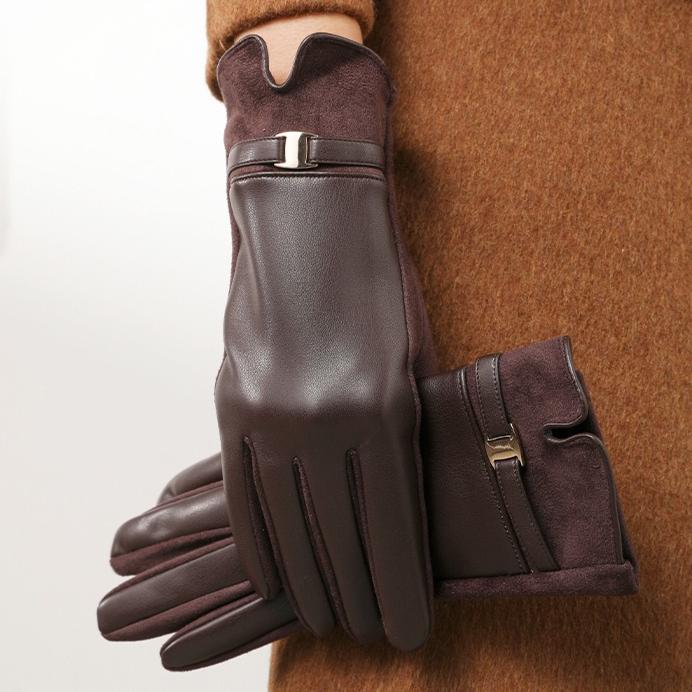 New Leather Gloves Women's Winter Warm Fleece Thickened Touch Screen Winter Driving Finger Gloves