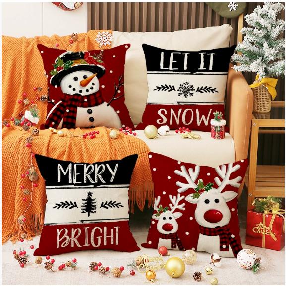 45x45cm Christmas Pillow Covers Set of 4,Winter Decorative Pillow Case, Merry Christmas Tree Cushion for Home Sofa Xmas Decor