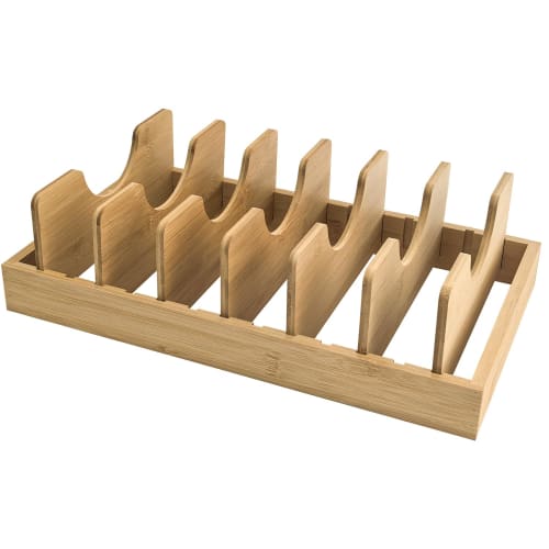 Socpuro Wooden Frying Pan Rack, Pot Lid Stand with 7 Dividers, Adjustable Spacing, Dish Drainer, 39.5*23cm, Natural Look, Space-Saving, Easy Access To