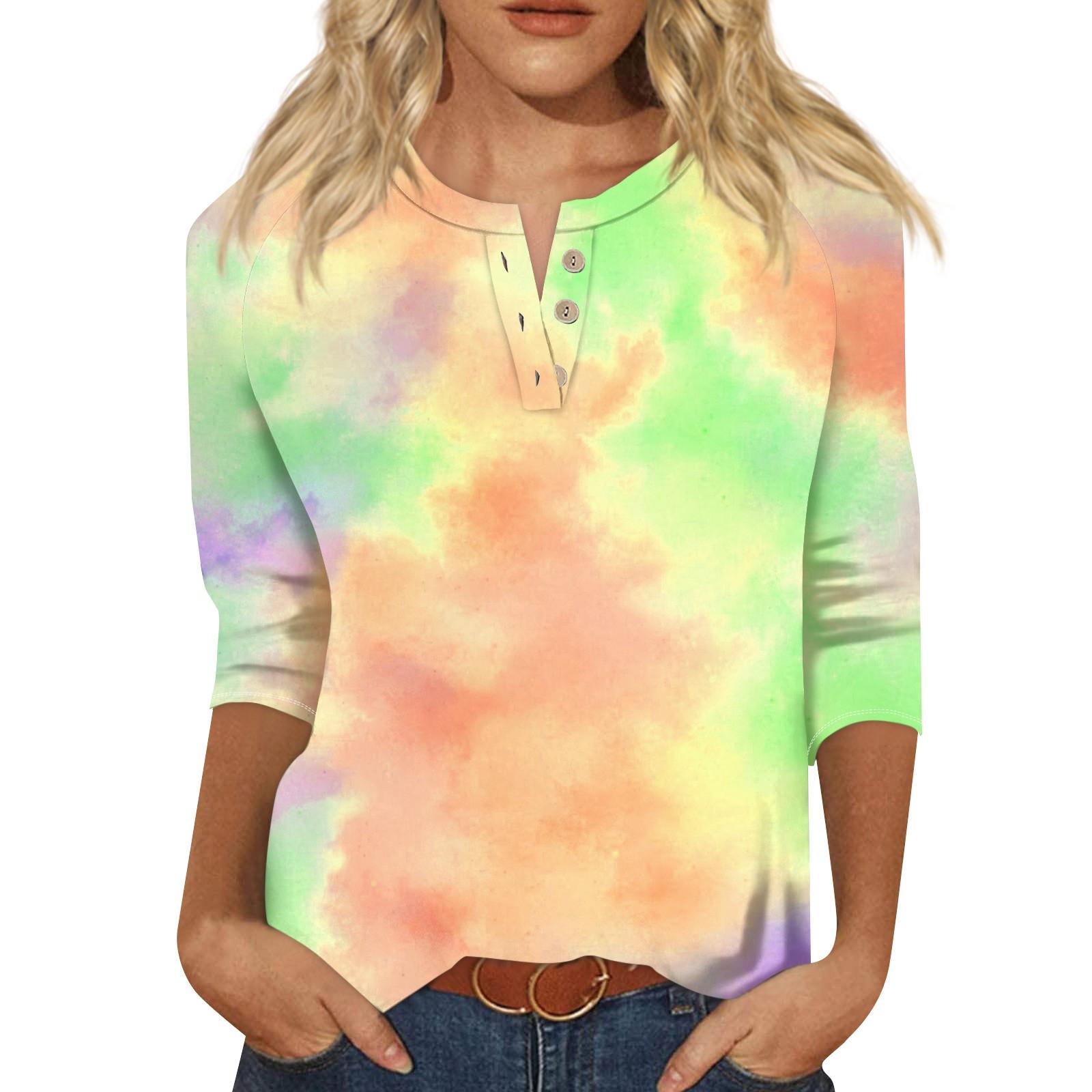 

Женская футболка с принтом тай-дай и градиентом, рукавом три четверти, застегивающаяся на пуговицы, нижняя часть рубашки XL жёлтый