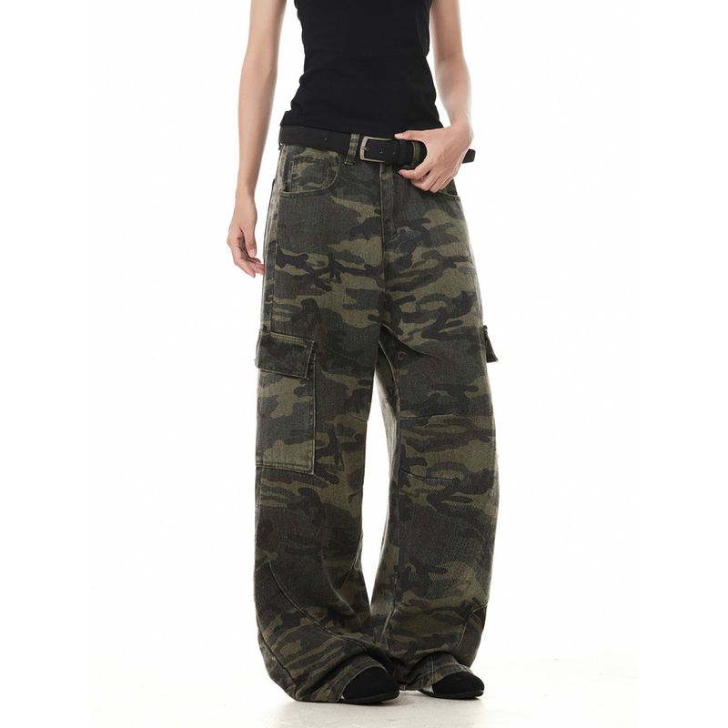 Men's Retro Washed Distressed Camouflage Overalls Men's and Women's Loose Wide-Leg American Casual Straight Multi-pockets Trousers