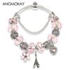 Silver Color Eiffel Tower Pendants Bracelet & Bangle Diy Pink Crystal Heart Flower Bead Women Bracelet Charm Jewelry