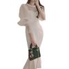 Kyonuza Elegantes Französisches Spitzenkleid mit Rundem Saum und Schlanker Koreanischer Weißer Damen-Halsausschnitt, Durchsichtige Ärmel, Taillenbetonierendes Fischschwanz-Design, Passform, Stil,