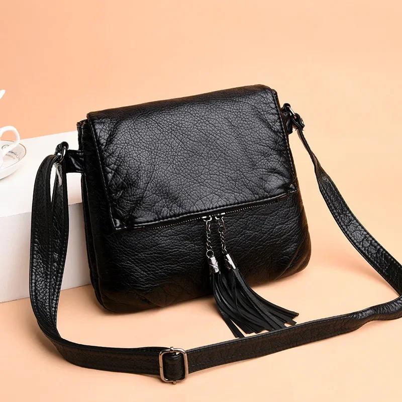 

Casual Women Crossbody Bags with tassel Soft PU Leather Messenger Bag Female Small Bags Multiple Pockets Versatile Large capacit