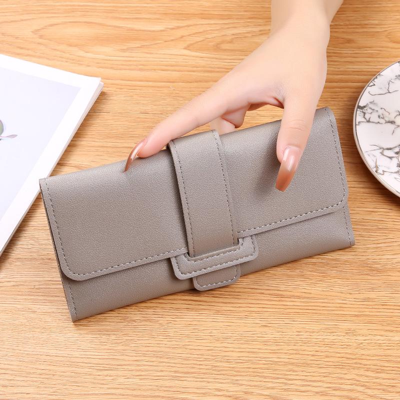 Korean Style Women's Long Tri-Fold Leather Wallet with Coin Pocket and Snap Closure