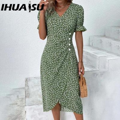 IHUASU Damenmode Sommer Frühling Kurzarm V-Ausschnitt Freizeitkleider