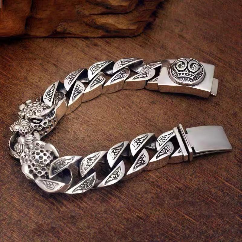 

Vintage Thai Silver Double Leopard Men s Bracelet Personality Domineering Handwoven Leopard Old Hip Hop Trend Bracelet 22cm