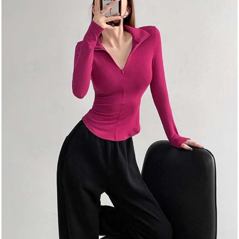 Elastic Tight Sexy Lapel Long Sleeve T-shirt Women Hottie Turndown Collar Slim Undershirt Inside Velveteen Sports Shirt Casual