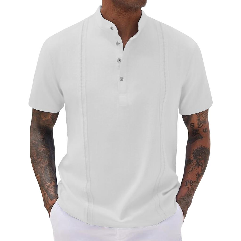 Men's Summer T-shirt British Loose Striped Solid Color Short-sleeved Lapel Top