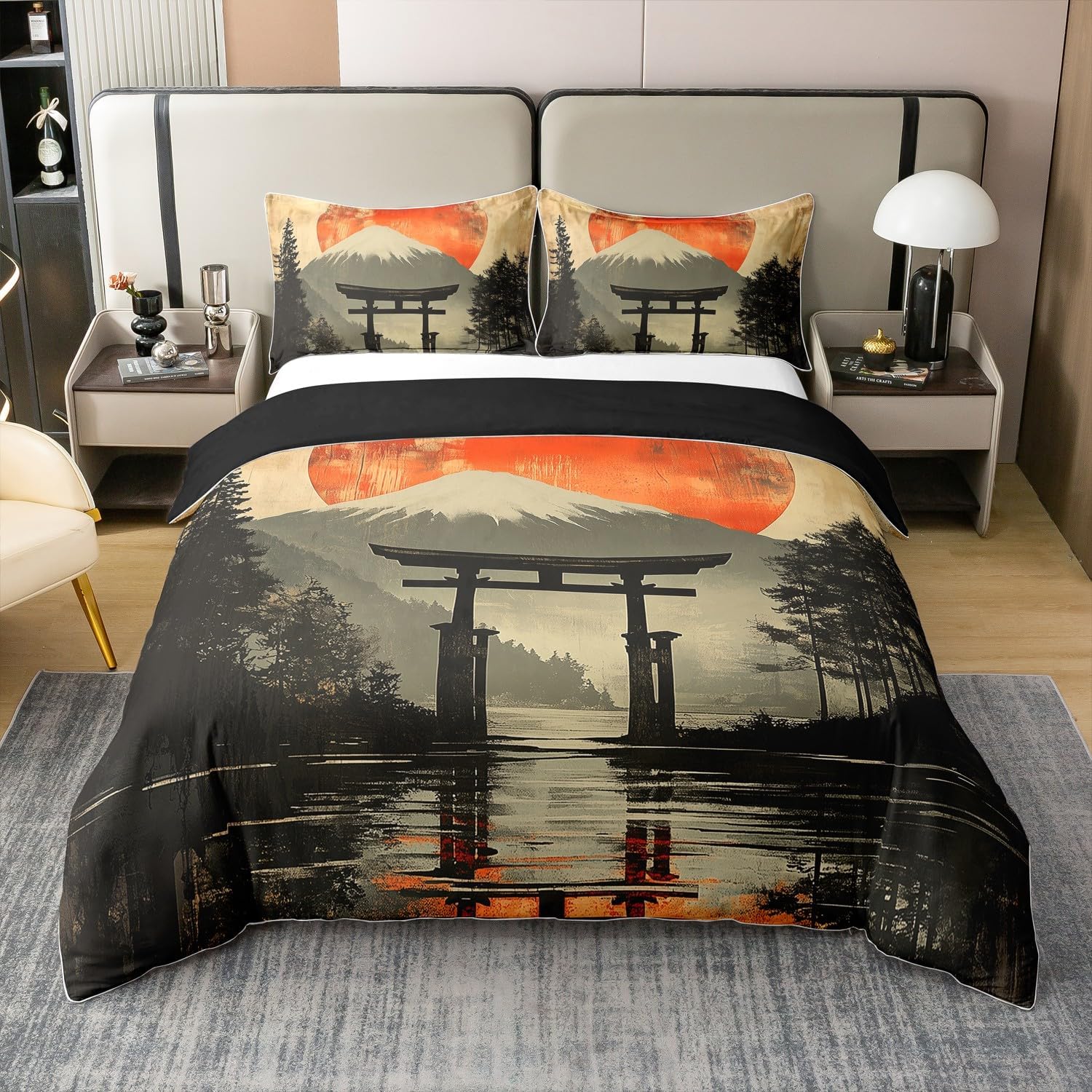 

Fantasy Sunset Duvet Cover Set Queen King Mountain Lake Scenery Bedding Set Japanese Cherry Blossom 3 Pcs With 2 Pillowcases EU Single(135x200cm)