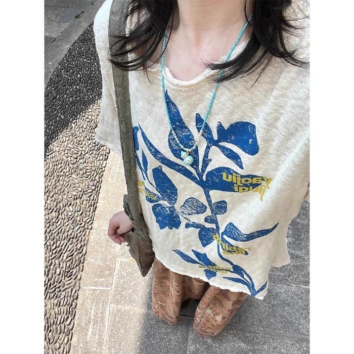 American old printed short-sleeved t-shirt women s summer new loose and thin lazy style retro heavy top S абрикосовый