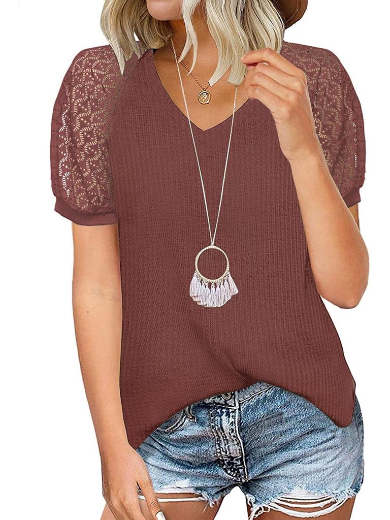 European and American Women's Waffle Lace V-Neck Short-Sleeve T-Shirt - 2022 Spring/Summer Collection
