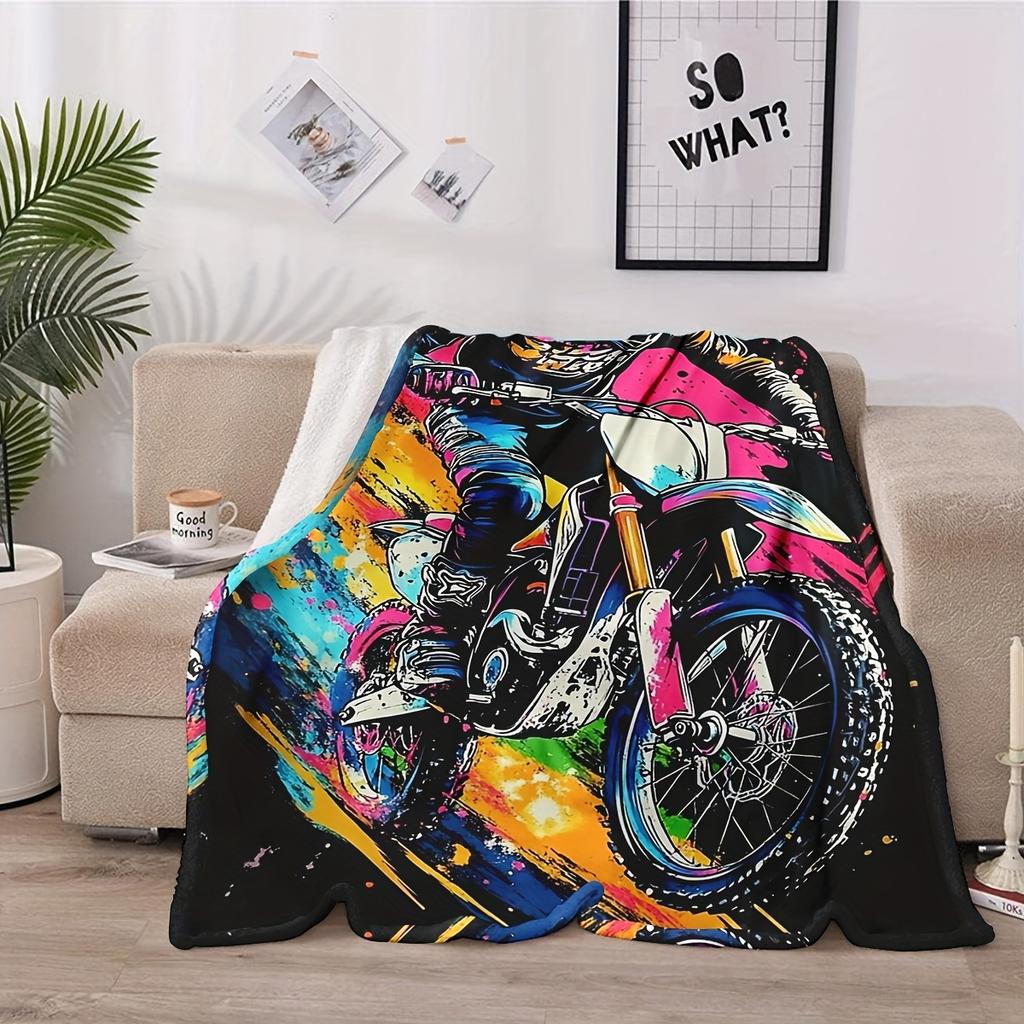 1pc Vibrant Motorcycle Rider Flannel Blanket – Soft, Colorful Design with Splash Art & Dirt Bike Culture – Perfect for Home Deco