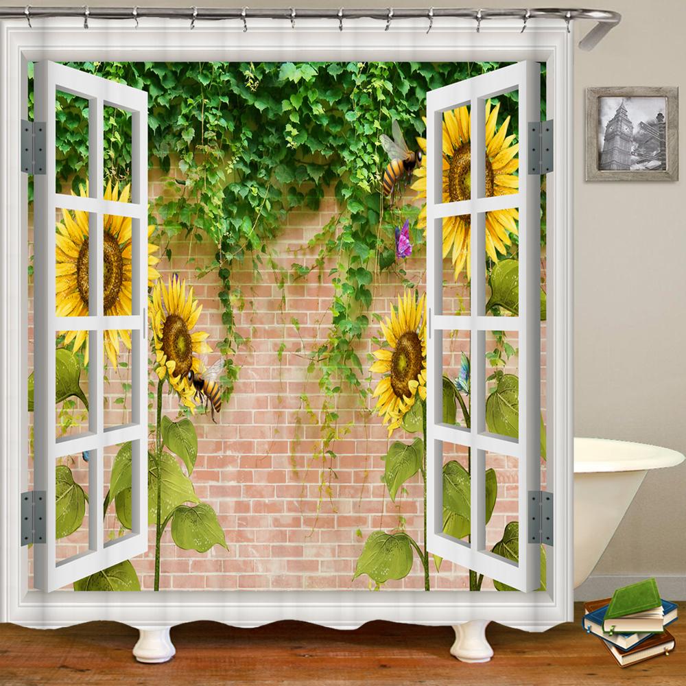 3D window opening scenery window landscape printed shower curtain mildew washable curtain bathroom decoration with hooks curtain