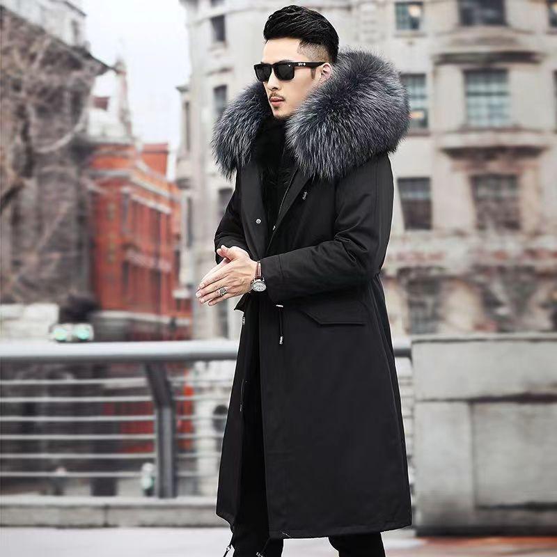 Pie overcome men's winter medium and long fur integrated winter thickened imitation fox fur jacket