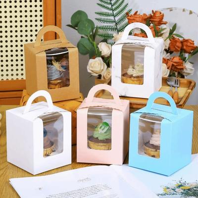 50pcs Portable Cupcake Box With Handle Clear Window Muffin Box Disposable With Inner Tray Pastry Box Dessert Display