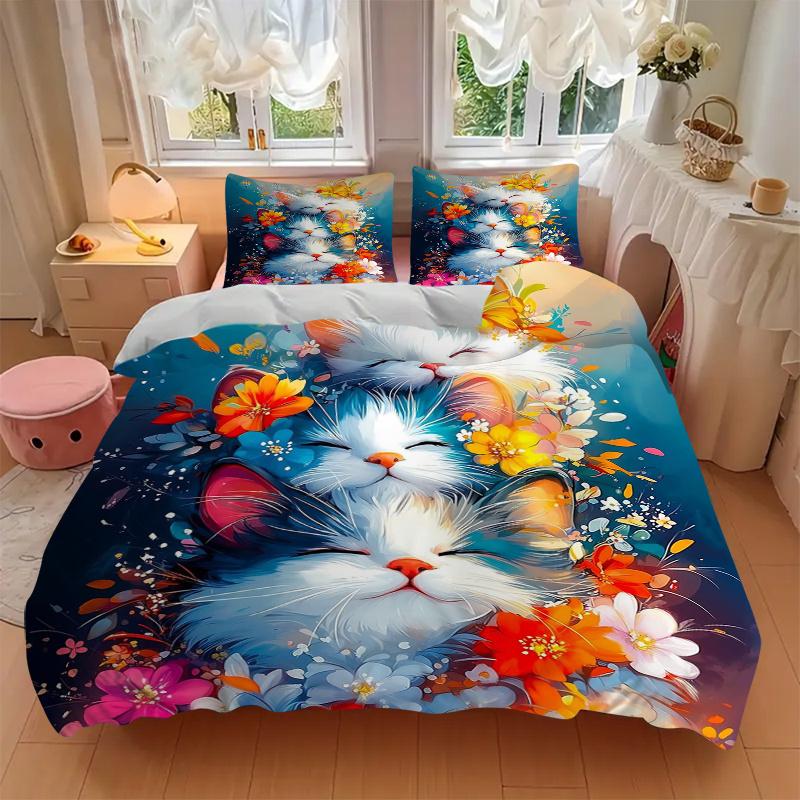 3pcs Two Cats Surrounded by Colorful Flowers Bedding Set - Includes Quilt Cover and Pillowcases, Suitable for All Seasons, Machine Washable