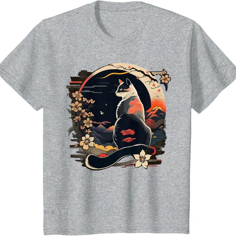 Kawaii Cat Anime Japanese Retro Unisex Women Funny Otaku High Quality Cotton TShirt Cute Graphic Tshirts Fashion Shortsleev