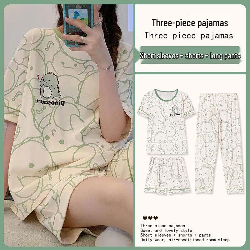 Women's Loose Summer Cartoon Pajama Set: Cute Short Sleeve Top & Long Pants for Spring/Autumn