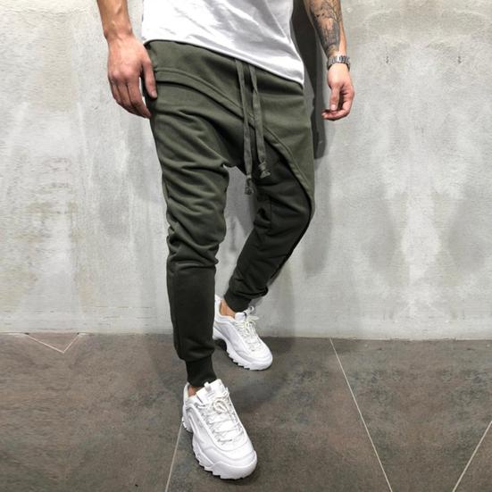 Men Harem Pants Solid Color Ankle Tied Streetwear Hip Hop Double Layer Running Baggy Pants for Jogging