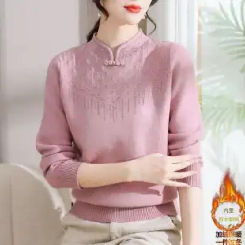 Middle-aged Elderly Women's Autumn Winter New Knitted Base Shirt Half Turtleneck Plus Velvet Thickened Sweater Fashion Top