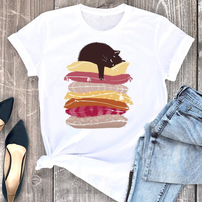 Casual Cats Blackjack Graphics Womans T-Shirt 90S Summer Shirts Short Sleeve O-Neck Blouses Female Crop Tops Clothing