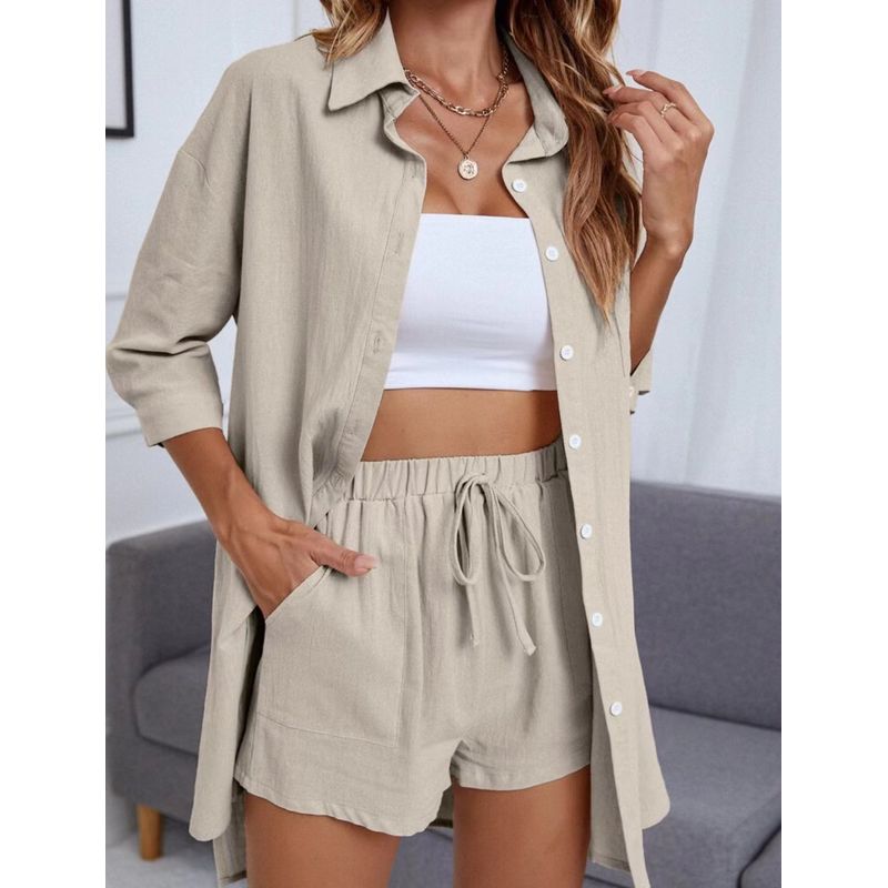 Fashion Style Fashion Single-Breasted Shirt Shorts Pure Color Casual Loose Outfit Shirt and Shorts Set