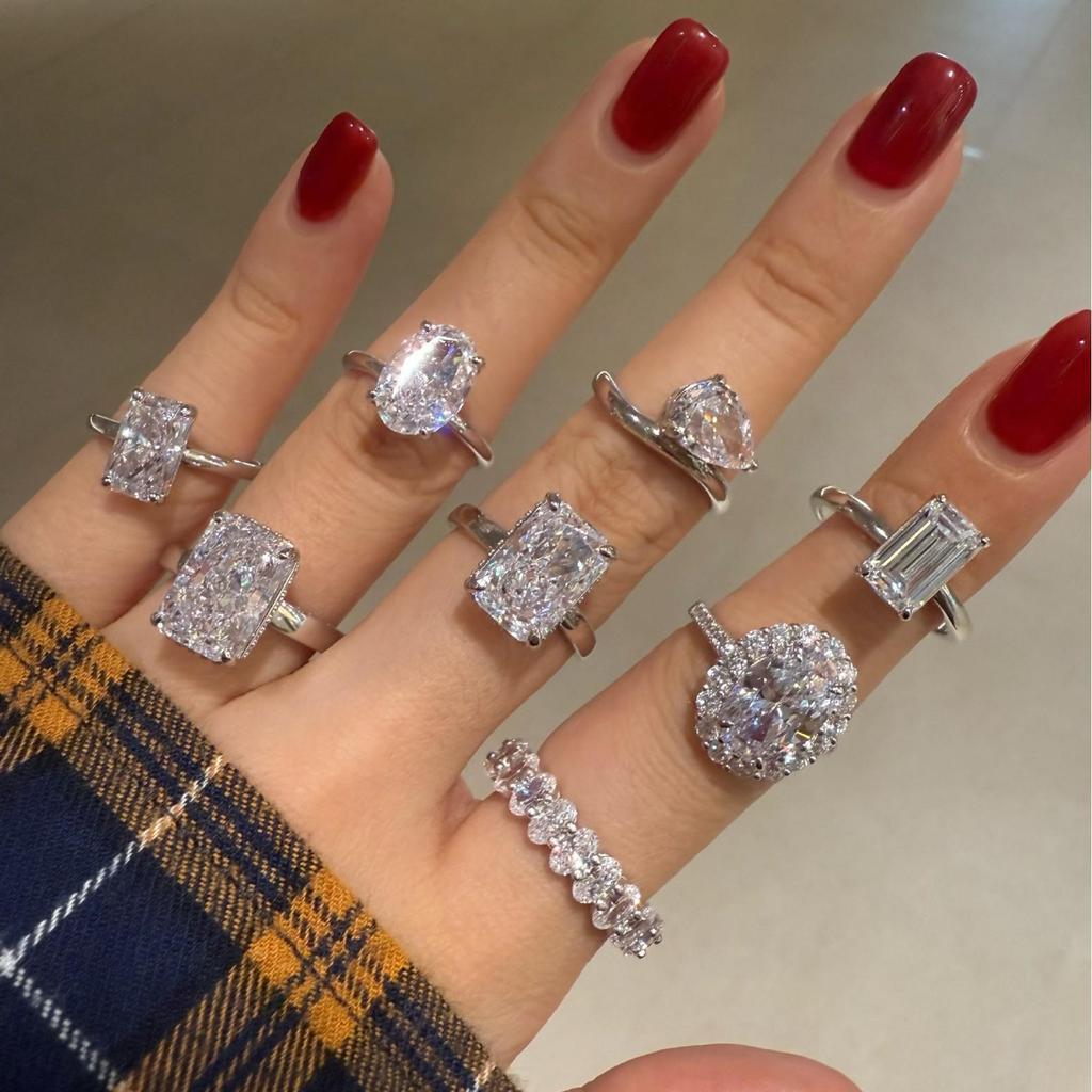 High Carbon Diamond S925 Sterling Silver Zircon Ring for Women - Super Shiny, Square Oval Design, High Quality