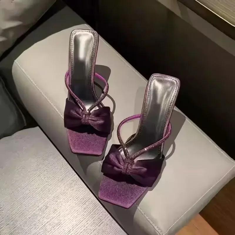 Women's High Heel Slippers Bow Tie Rhinestones Satin Material Shoes Women Sexy Dress Summer Models Sandalias De Mujer