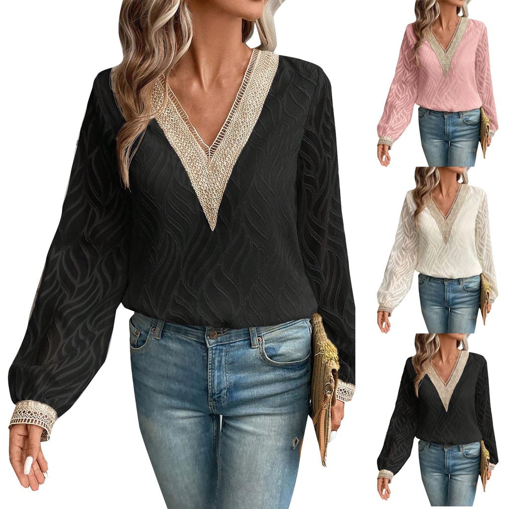 Dámský top s V-výstřihem, krajkový šifonový, módní, elegantní, s dlouhým rukávem, tričko, halenka