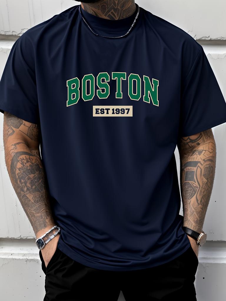 Letter Print Men's Creative Top, Casual Short Sleeve Crew Neck Thin T-shirt for Summer and Spring, Men's Clothing