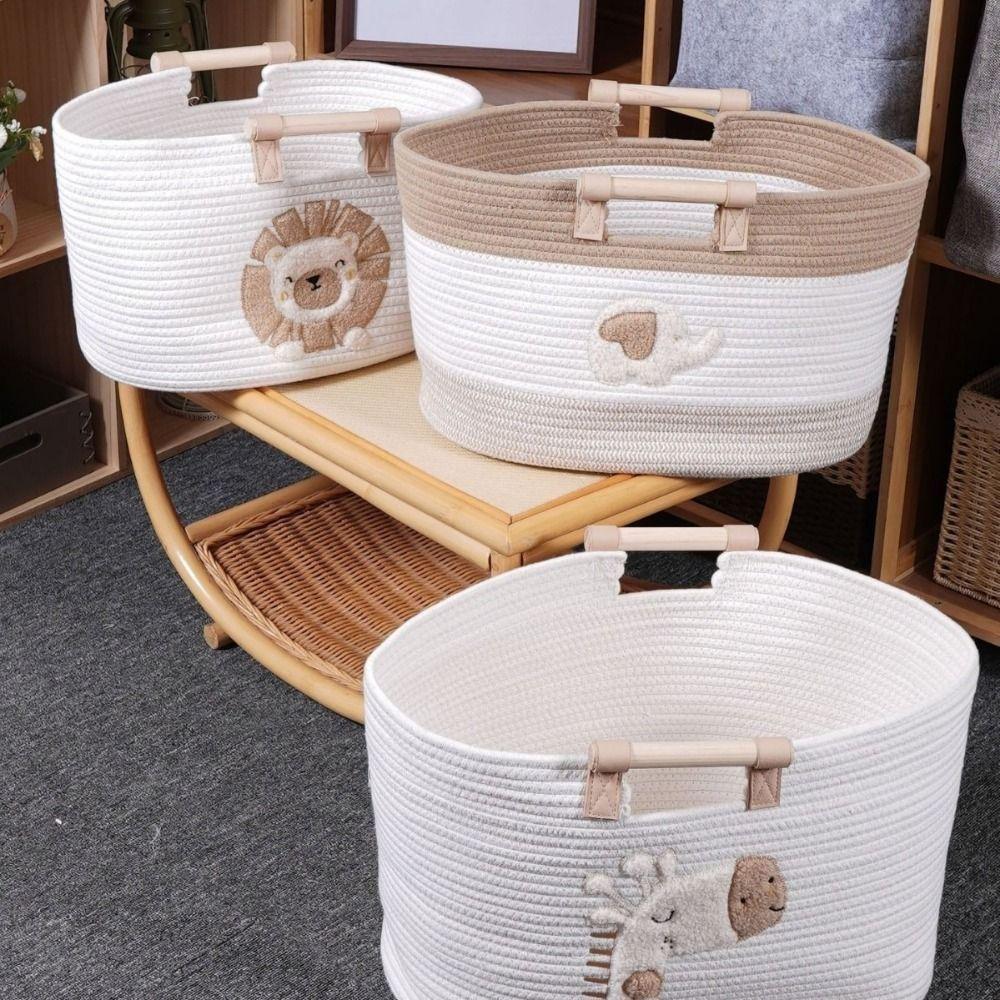 Laundry Basket Cartoon Cotton Rope Storage Basket Cute with Handles Clutter Tidy Bin Portable Woven Storage Basket Office