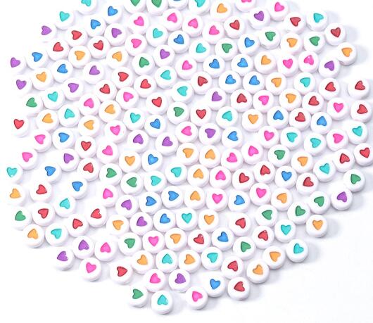 100Pcs 7mm Acrylic Flat Round Beads Colorful Heart Pattern Loose Spacer Beads For DIY Bracelets Earrings Making Supplies