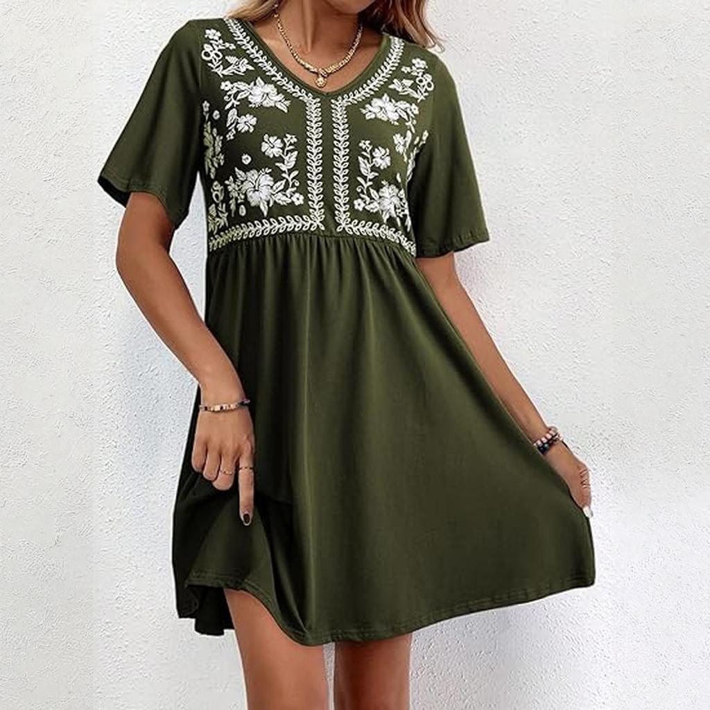 Robe courte à manches courtes imprimée, tendance et décontractée pour femme, à col en V ample, resserrée à la taille