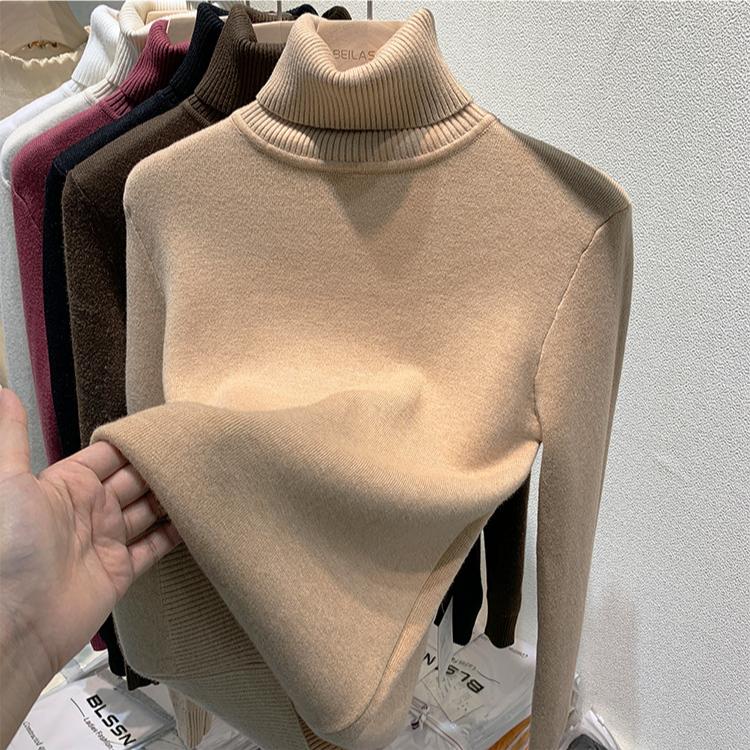 Sweter z wysokim dekoltem dla kobiet, jednolity kolor, casualowy, z grubym polarem, wkładany przez głowę, jednoczęściowy, wewnętrzny z polaru norkowego, dzianinowy sweter jesienno-zimowy