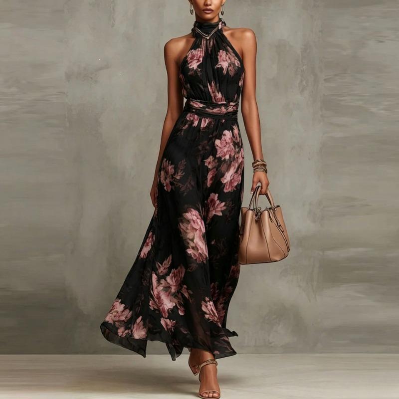 TIFICY Women's Fashion Summer Spring Flower Pattern Print Sleeveless Hanging Neck High Waist Casual Dresses