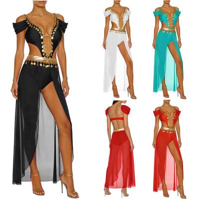 S-3XL Damen Pailletten Quasten Bauchtanzkleid V-Ausschnitt Offene Vorderseite Cutout Chiffon Saum Bodysuit mit Eingebauten Shorts für Exotische Indien Performance