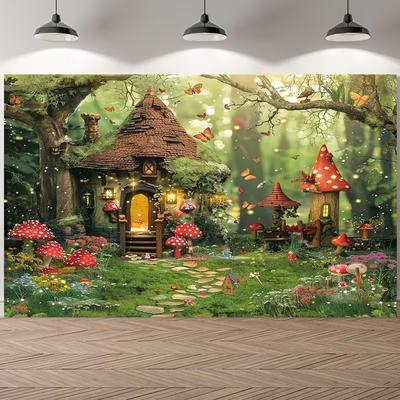 2D Magic Forest Fairy Mushroom House Photo Backdrop Kids Party Fantasy Background
