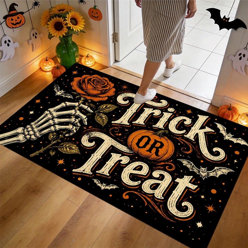Tricks Or Treat Skeleton Roses Halloween Door Mat Soft And Absorbent Floor Mat Bat Pumpkin Carpet Home Decoration