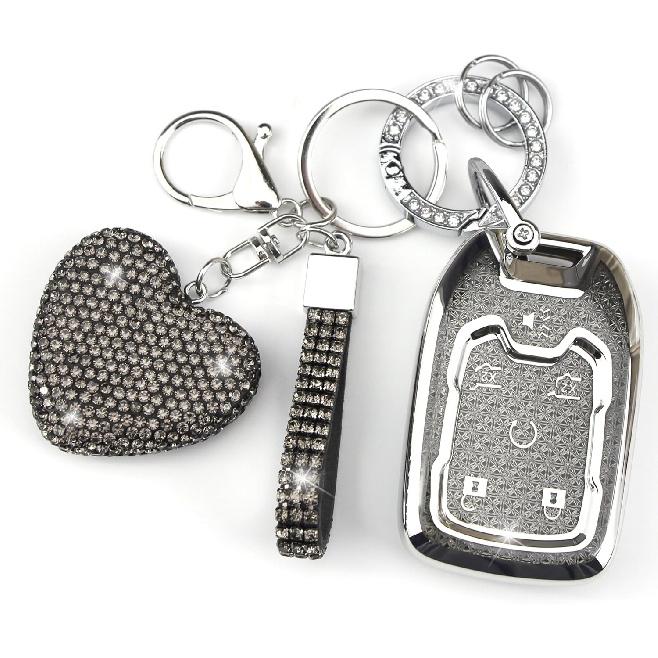 Key Fob Cover with Diamond Keychain Compatible with Chevy GMC Yukon/Yukon XL Car Key Holder Compatible with Chevrolet Terrain Acadia Sierra Suburban
