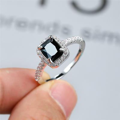Exquisite Square Black Stone Engagement Ring for Women Silver Color Fine Wedding Band Jewelry Gift
