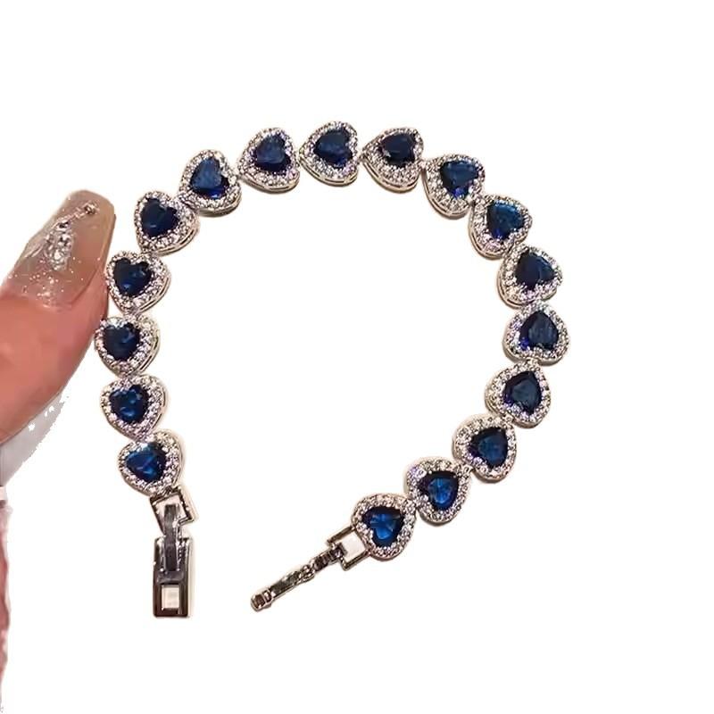 Deep Blue Love Full Diamond Zircon Bracelet with Retro Cool and Sparkling French Palace Style Jewelry